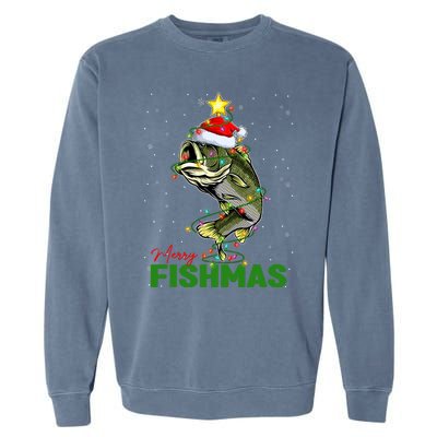 Merry Fishmas Fish Santa Claus Hat & Christmas Tree Lights Garment-Dyed Sweatshirt