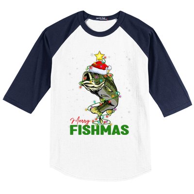 Merry Fishmas Fish Santa Claus Hat & Christmas Tree Lights Baseball Sleeve Shirt