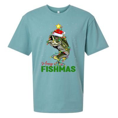 Merry Fishmas Fish Santa Claus Hat & Christmas Tree Lights Sueded Cloud Jersey T-Shirt