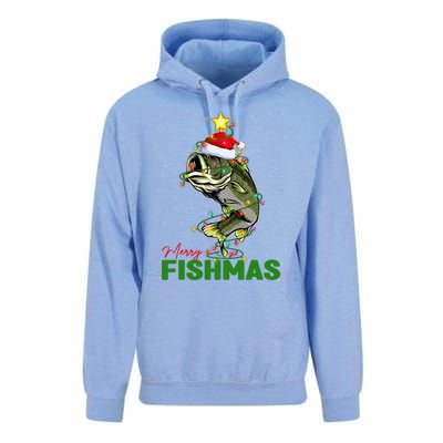 Merry Fishmas Fish Santa Claus Hat & Christmas Tree Lights Unisex Surf Hoodie