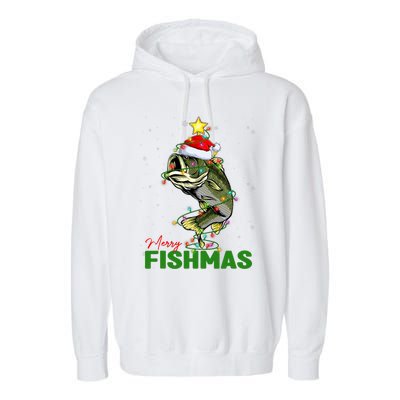 Merry Fishmas Fish Santa Claus Hat & Christmas Tree Lights Garment-Dyed Fleece Hoodie