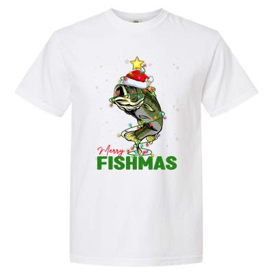 Merry Fishmas Fish Santa Claus Hat & Christmas Tree Lights Garment-Dyed Heavyweight T-Shirt