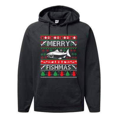 Merry Fishmas Fishing Ugly Christmas Sweater Performance Fleece Hoodie