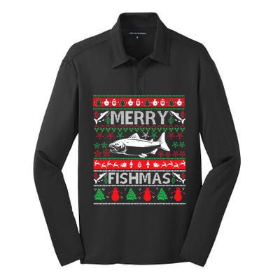 Merry Fishmas Fishing Ugly Christmas Sweater Silk Touch Performance Long Sleeve Polo