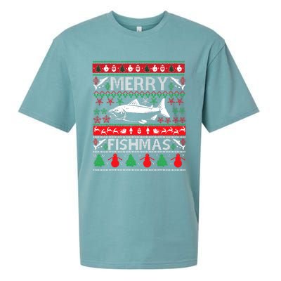 Merry Fishmas Fishing Ugly Christmas Sweater Sueded Cloud Jersey T-Shirt