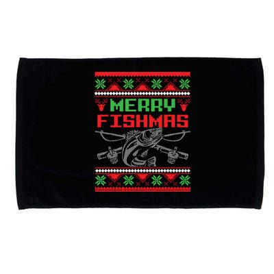 Merry Fishmas Fisherman Fishing Ugly Christmas Microfiber Hand Towel