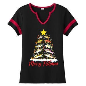 Merry Fishmas Funny Christmas Tree Lights Fish Fishing Rod Ladies Halftime Notch Neck Tee