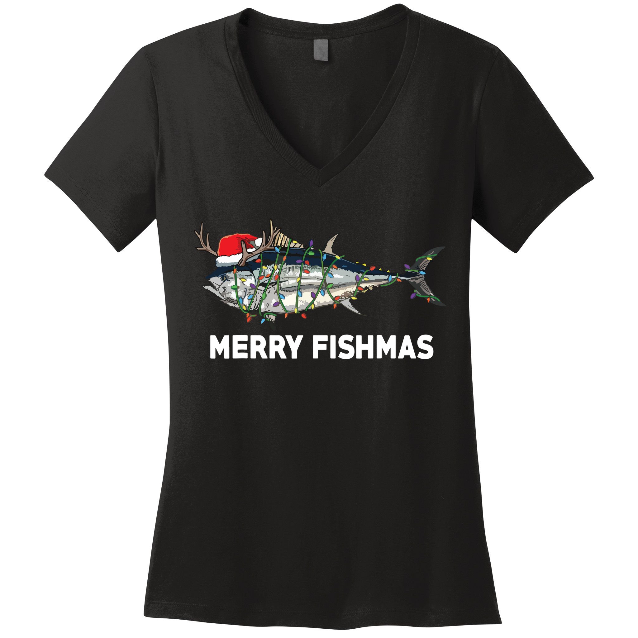 Merry Fishmas Funny Fish Fishing Fisherman Christmas Xmas Women's V-Neck T-Shirt