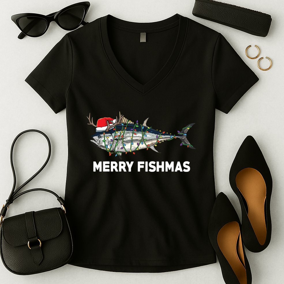 Merry Fishmas Funny Fish Fishing Fisherman Christmas Xmas Women's V-Neck T-Shirt