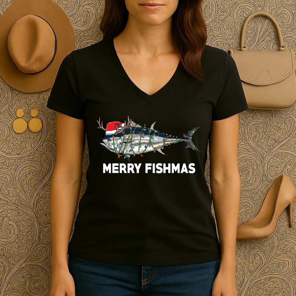 Merry Fishmas Funny Fish Fishing Fisherman Christmas Xmas Women's V-Neck T-Shirt