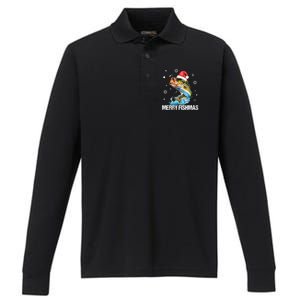 Merry Fishmas Funny Christmas Tree Lights Fish Fishing Rod Performance Long Sleeve Polo