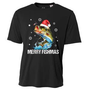 Merry Fishmas Funny Christmas Tree Lights Fish Fishing Rod Cooling Performance Crew T-Shirt