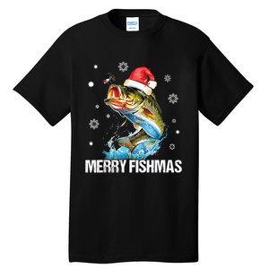 Merry Fishmas Funny Christmas Tree Lights Fish Fishing Rod Tall T-Shirt