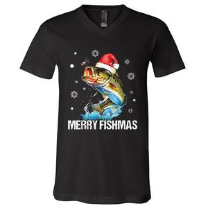 Merry Fishmas Funny Christmas Tree Lights Fish Fishing Rod V-Neck T-Shirt