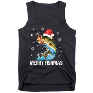 Merry Fishmas Funny Christmas Tree Lights Fish Fishing Rod Tank Top