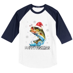 Merry Fishmas Funny Christmas Tree Lights Fish Fishing Rod Baseball Sleeve Shirt