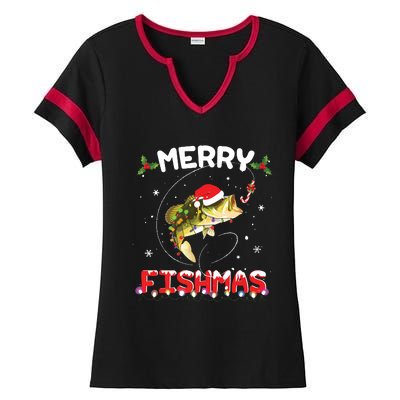 Merry Fishmas Funny Fishing Christmas Pajama Fishers Ladies Halftime Notch Neck Tee