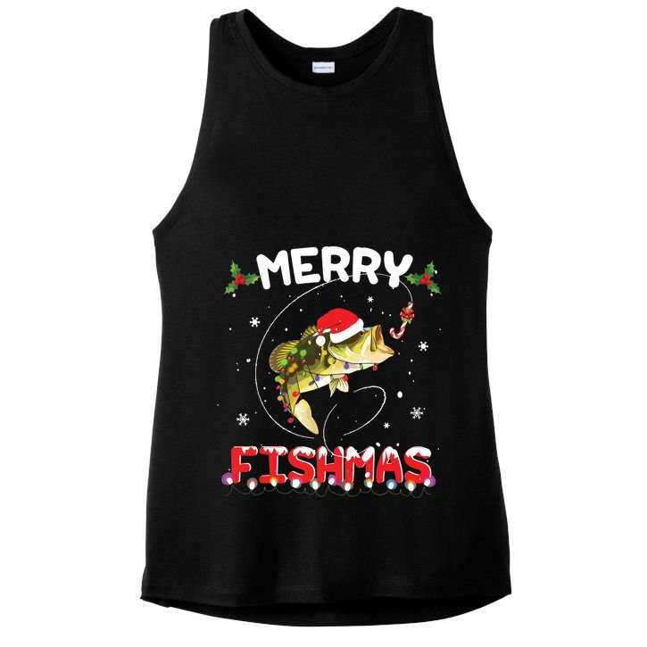 Merry Fishmas Funny Fishing Christmas Pajama Fishers Ladies PosiCharge Tri-Blend Wicking Tank