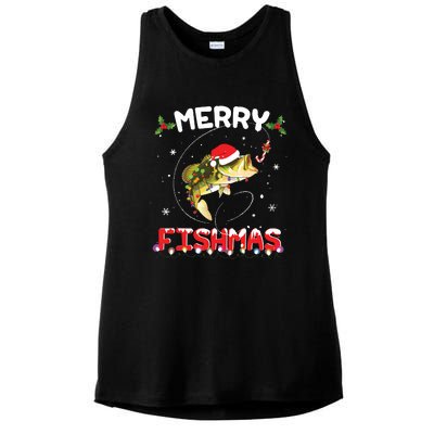 Merry Fishmas Funny Fishing Christmas Pajama Fishers Ladies PosiCharge Tri-Blend Wicking Tank