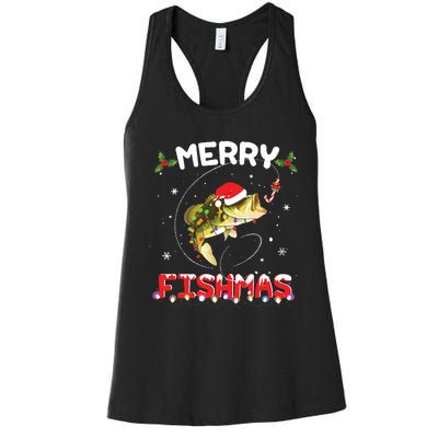 Merry Fishmas Funny Fishing Christmas Pajama Fishers Women's Racerback Tank