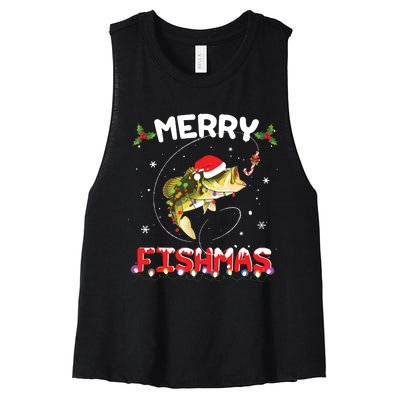 Merry Fishmas Funny Fishing Christmas Pajama Fishers Women's Racerback Cropped Tank