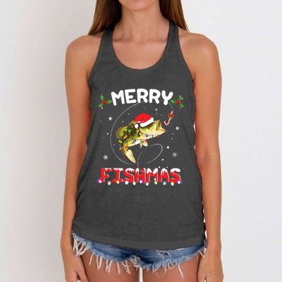 Merry Fishmas Funny Fishing Christmas Pajama Fishers Women's Knotted Racerback Tank