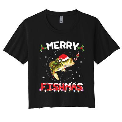 Merry Fishmas Funny Fishing Christmas Pajama Fishers Women's Crop Top Tee