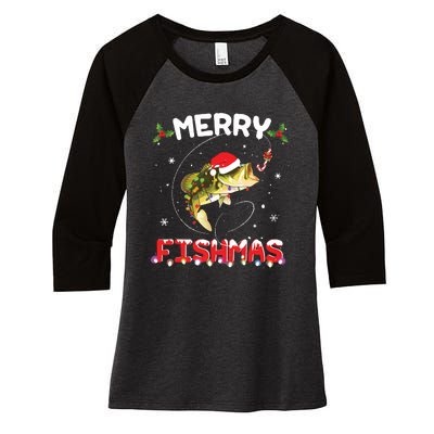 Merry Fishmas Funny Fishing Christmas Pajama Fishers Women's Tri-Blend 3/4-Sleeve Raglan Shirt