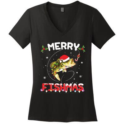 Merry Fishmas Funny Fishing Christmas Pajama Fishers Women's V-Neck T-Shirt