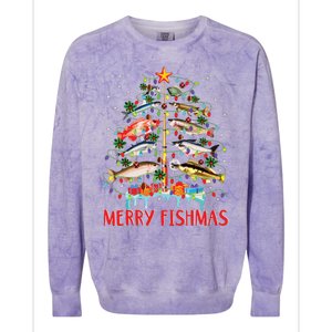 Merry Fishmas Funny Christmas Tree Lights Fish Fishing Rod Colorblast Crewneck Sweatshirt