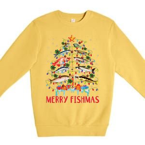 Merry Fishmas Funny Christmas Tree Lights Fish Fishing Rod Premium Crewneck Sweatshirt