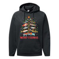 Merry Fishmas Funny Christmas Tree Lights Fish Fishing Rod Performance Fleece Hoodie