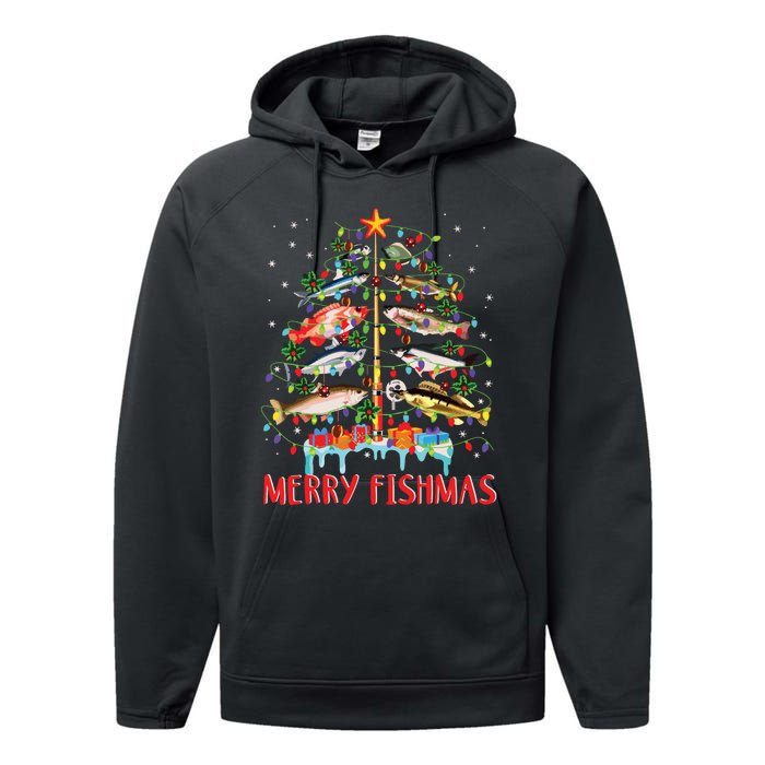 Merry Fishmas Funny Christmas Tree Lights Fish Fishing Rod Performance Fleece Hoodie