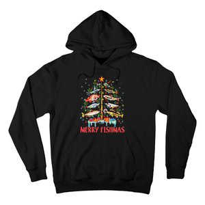 Merry Fishmas Funny Christmas Tree Lights Fish Fishing Rod Hoodie