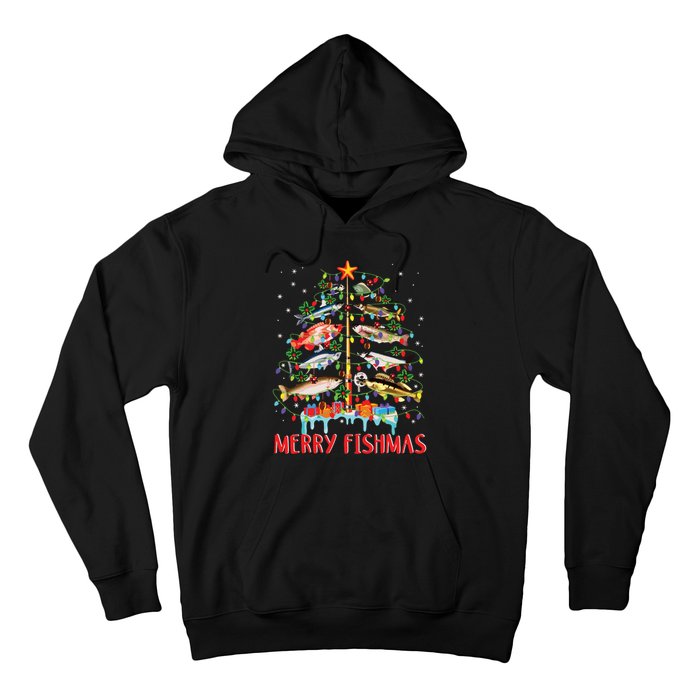 Merry Fishmas Funny Christmas Tree Lights Fish Fishing Rod Hoodie