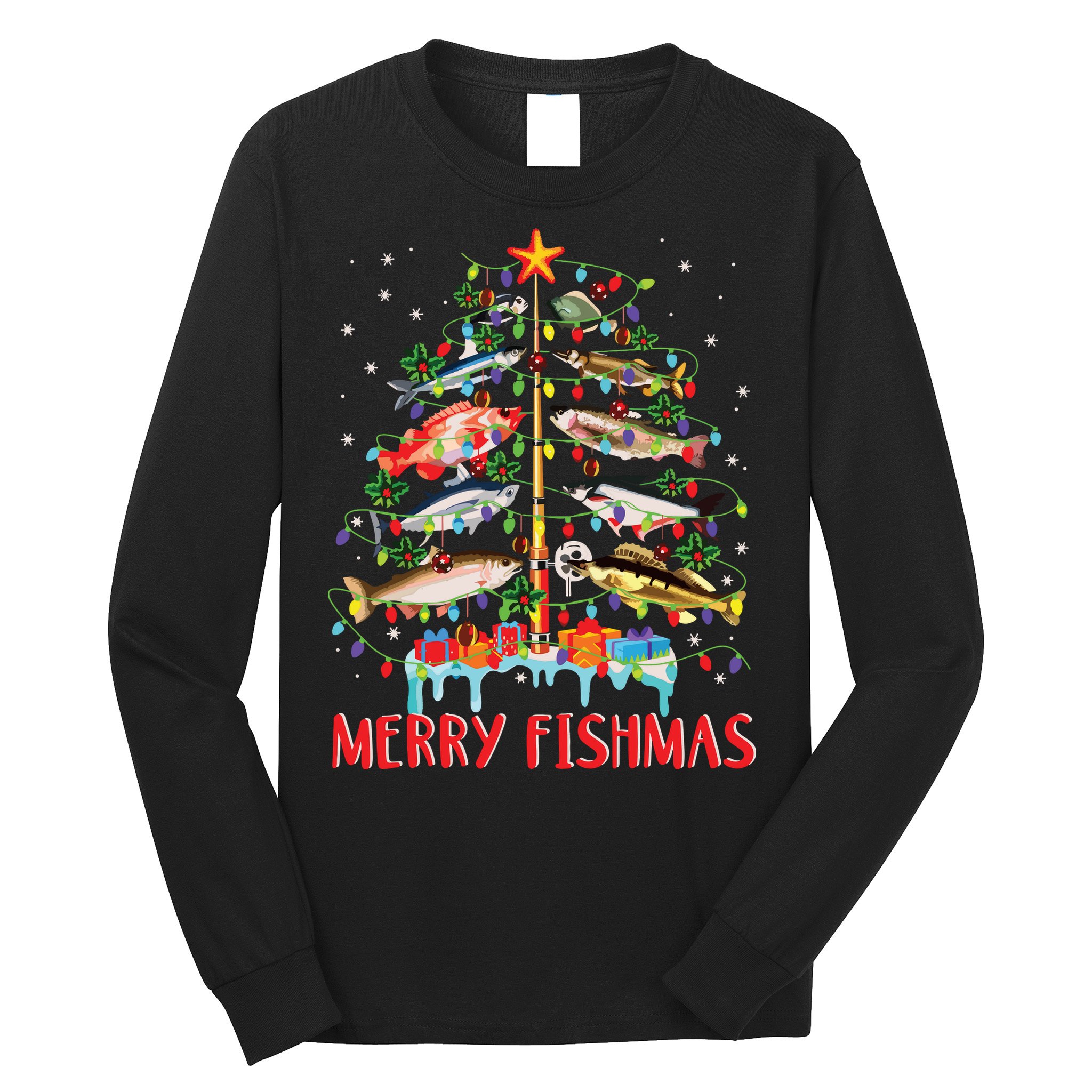 Merry Fishmas Funny Christmas Tree Lights Fish Fishing Rod Long Sleeve Shirt