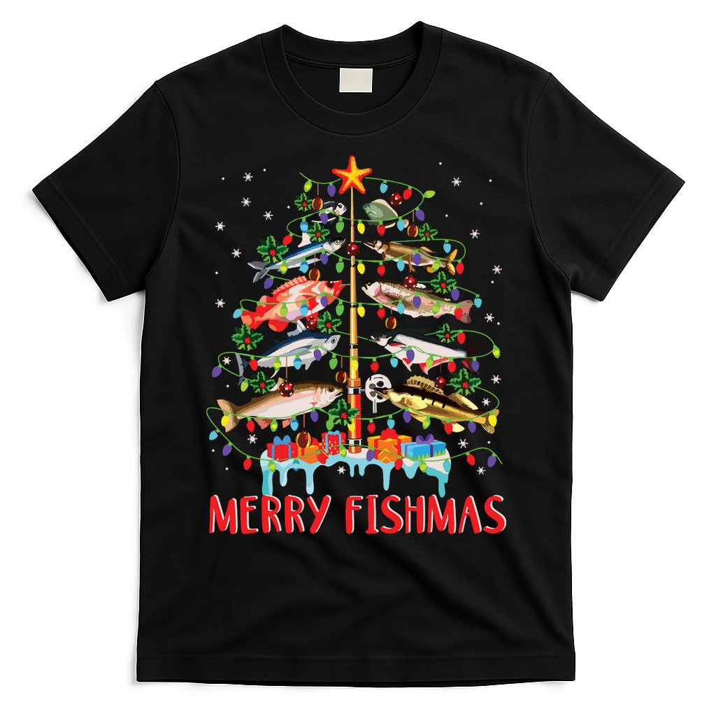 Merry Fishmas Funny Christmas Tree Lights Fish Fishing Rod T-Shirt