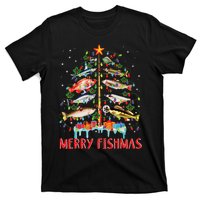 Merry Fishmas Funny Christmas Tree Lights Fish Fishing Rod T-Shirt