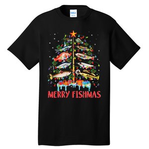 Merry Fishmas Funny Christmas Tree Lights Fish Fishing Rod Tall T-Shirt