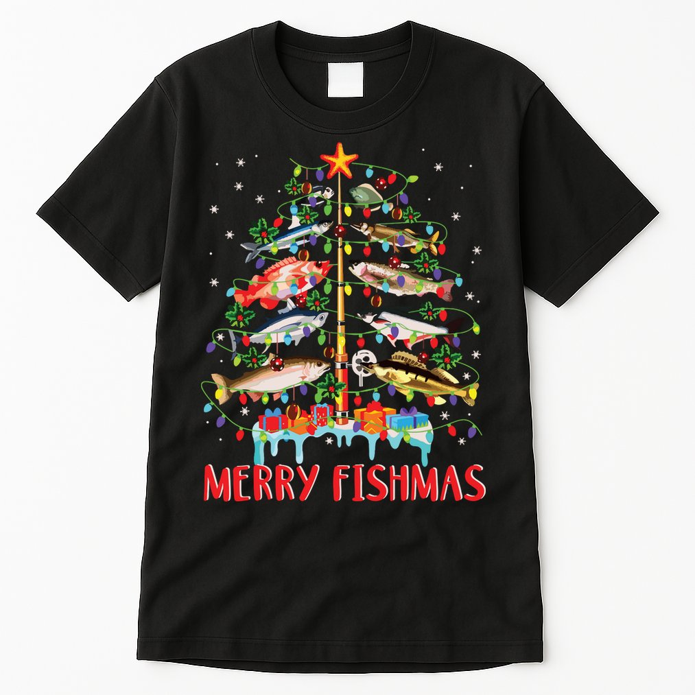 Merry Fishmas Funny Christmas Tree Lights Fish Fishing Rod Tall T-Shirt
