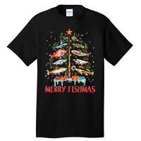 Merry Fishmas Funny Christmas Tree Lights Fish Fishing Rod Tall T-Shirt