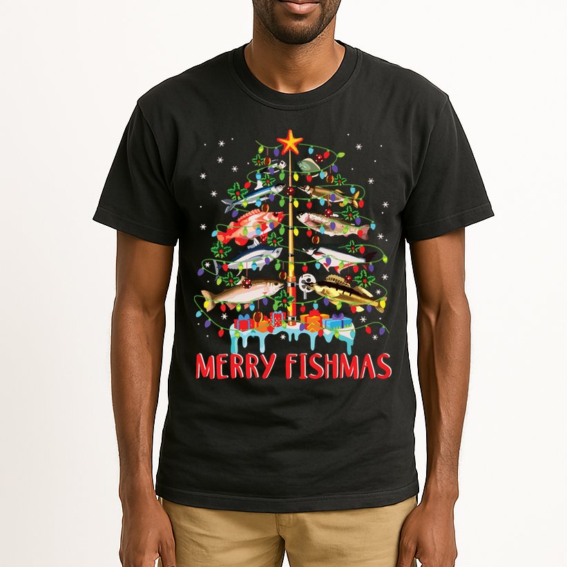 Merry Fishmas Funny Christmas Tree Lights Fish Fishing Rod Tall T-Shirt