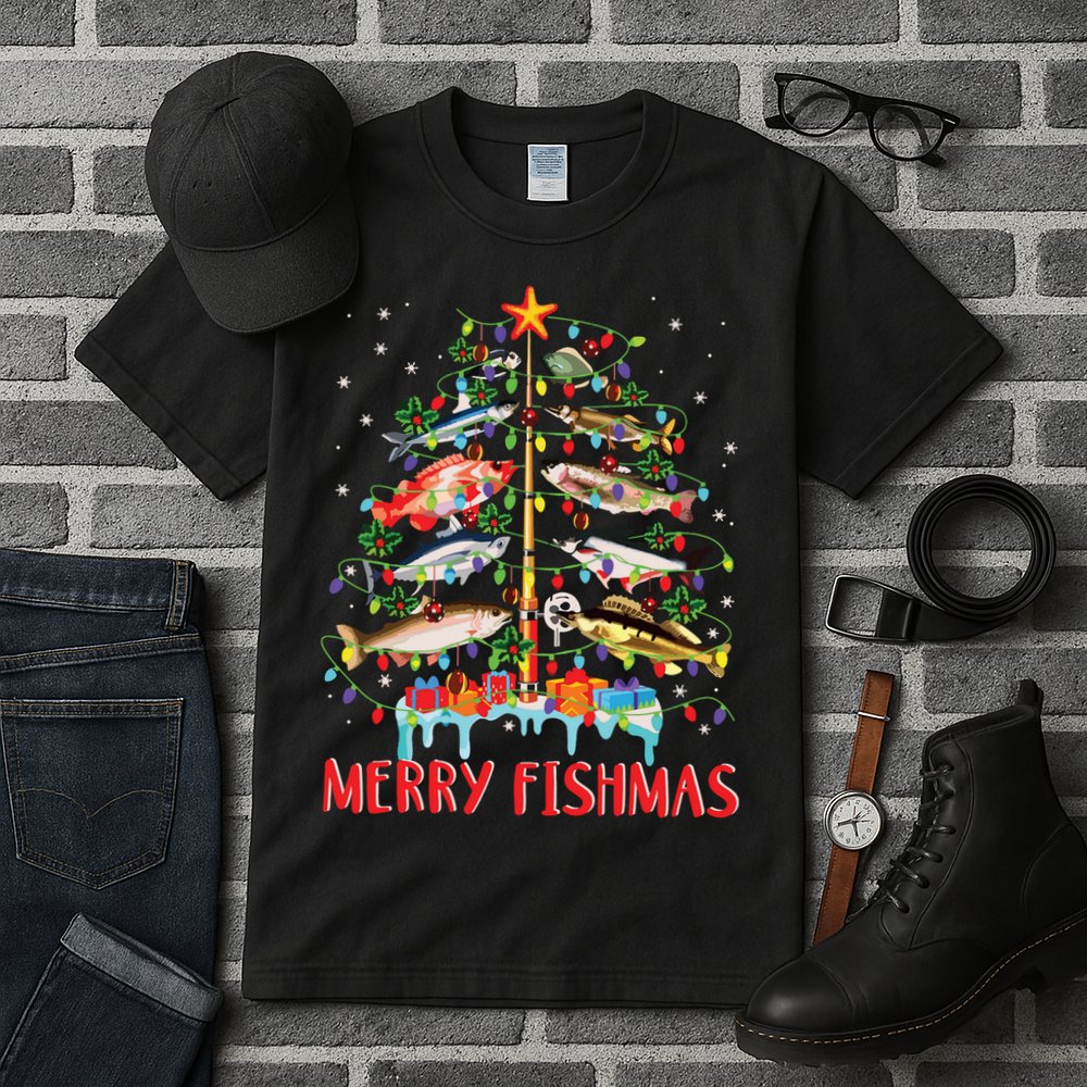 Merry Fishmas Funny Christmas Tree Lights Fish Fishing Rod Tall T-Shirt