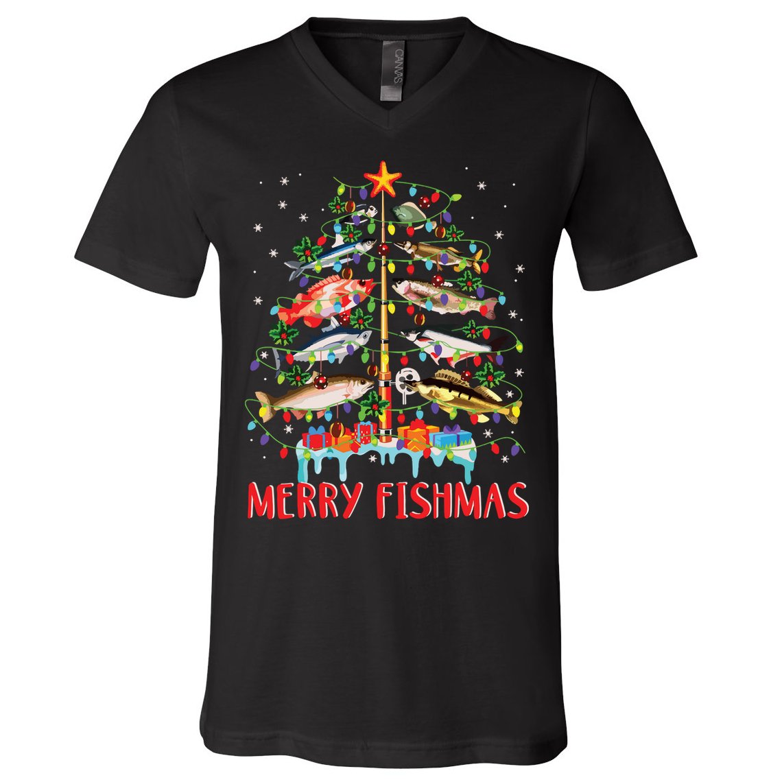 Merry Fishmas Funny Christmas Tree Lights Fish Fishing Rod V-Neck T-Shirt