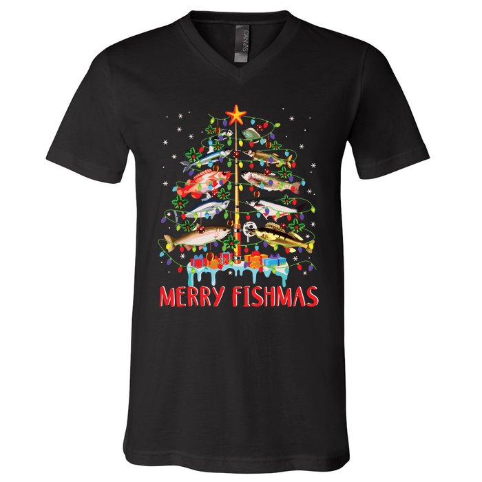 Merry Fishmas Funny Christmas Tree Lights Fish Fishing Rod V-Neck T-Shirt