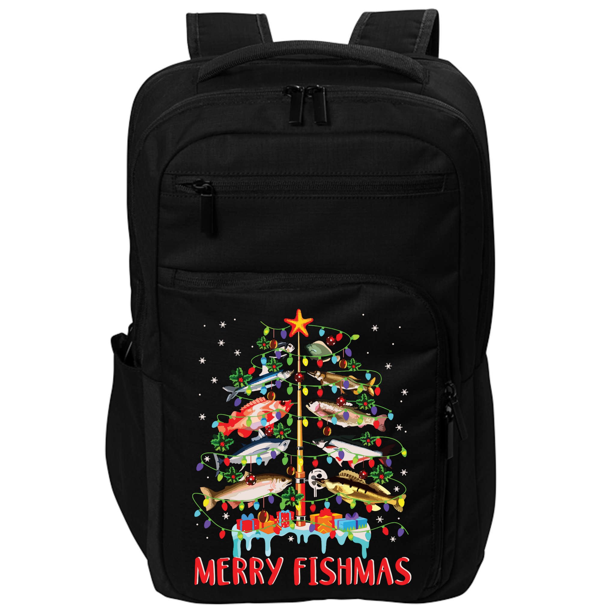 Merry Fishmas Funny Christmas Tree Lights Fish Fishing Rod Impact Tech Backpack