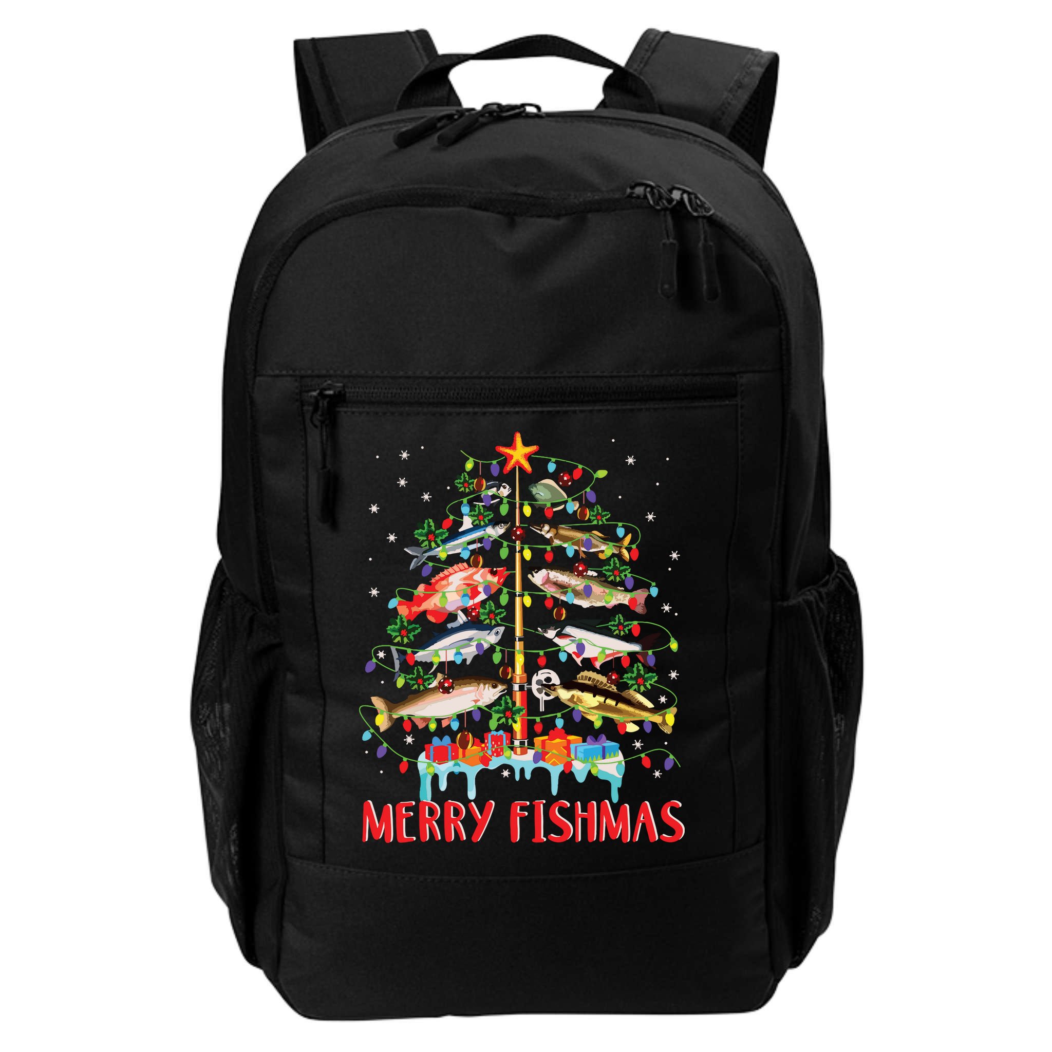 Merry Fishmas Funny Christmas Tree Lights Fish Fishing Rod Backpack