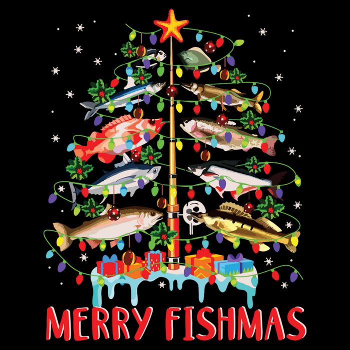 Merry Fishmas Funny Christmas Tree Lights Fish Fishing Rod Button