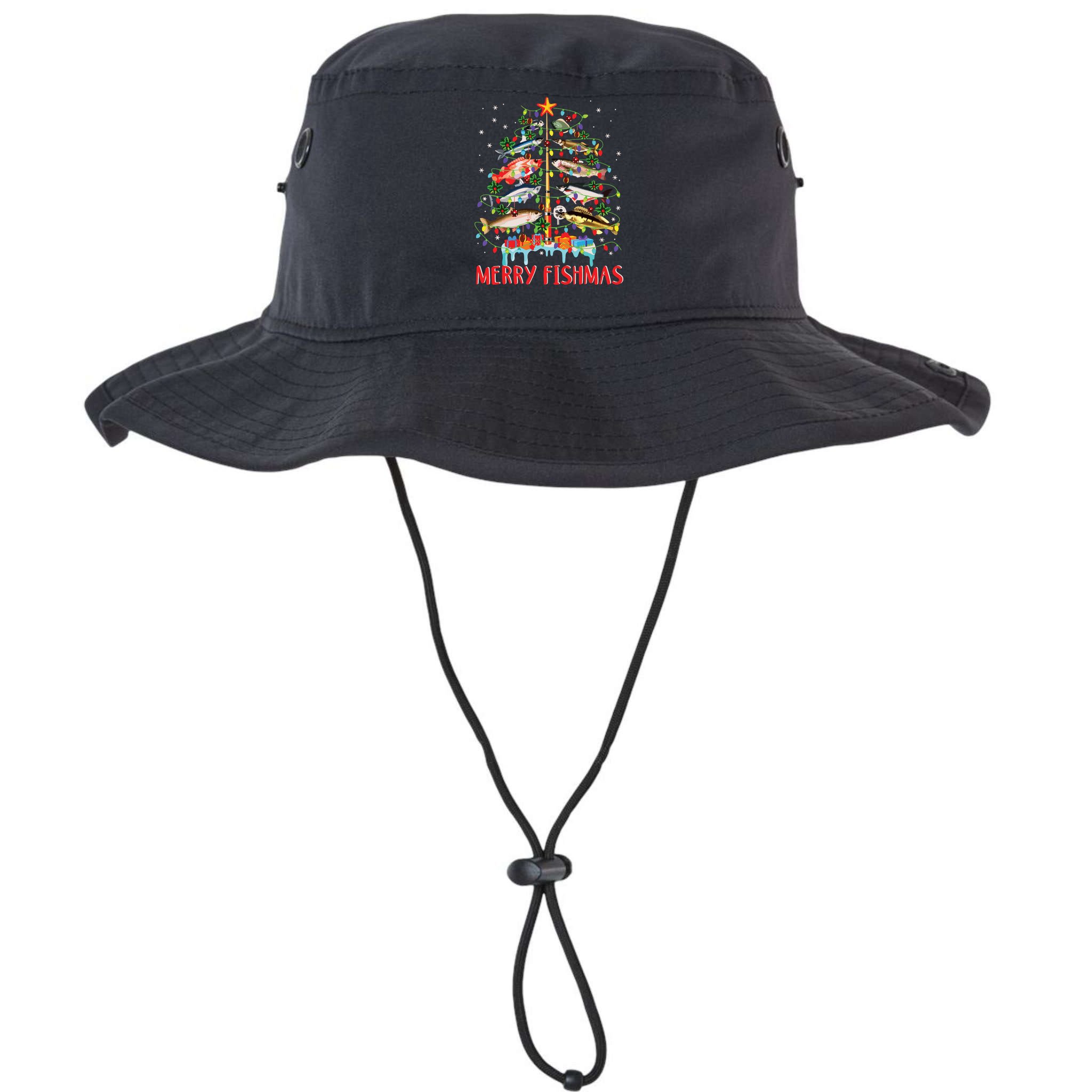Merry Fishmas Funny Christmas Tree Lights Fish Fishing Rod Bucket Hat