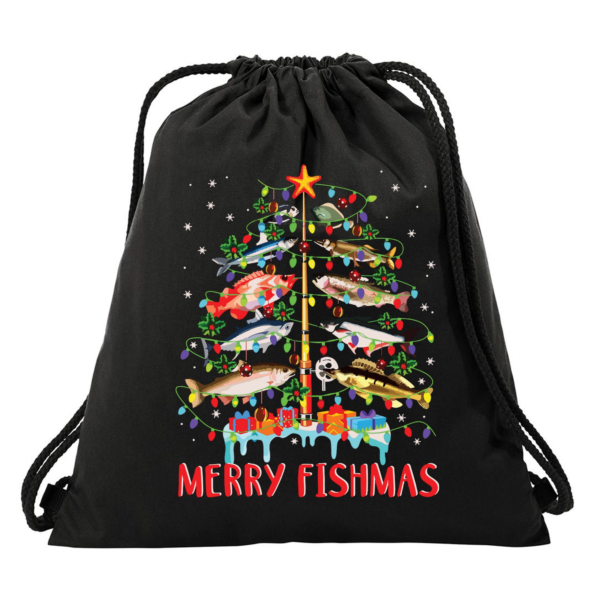 Merry Fishmas Funny Christmas Tree Lights Fish Fishing Rod Drawstring Bag